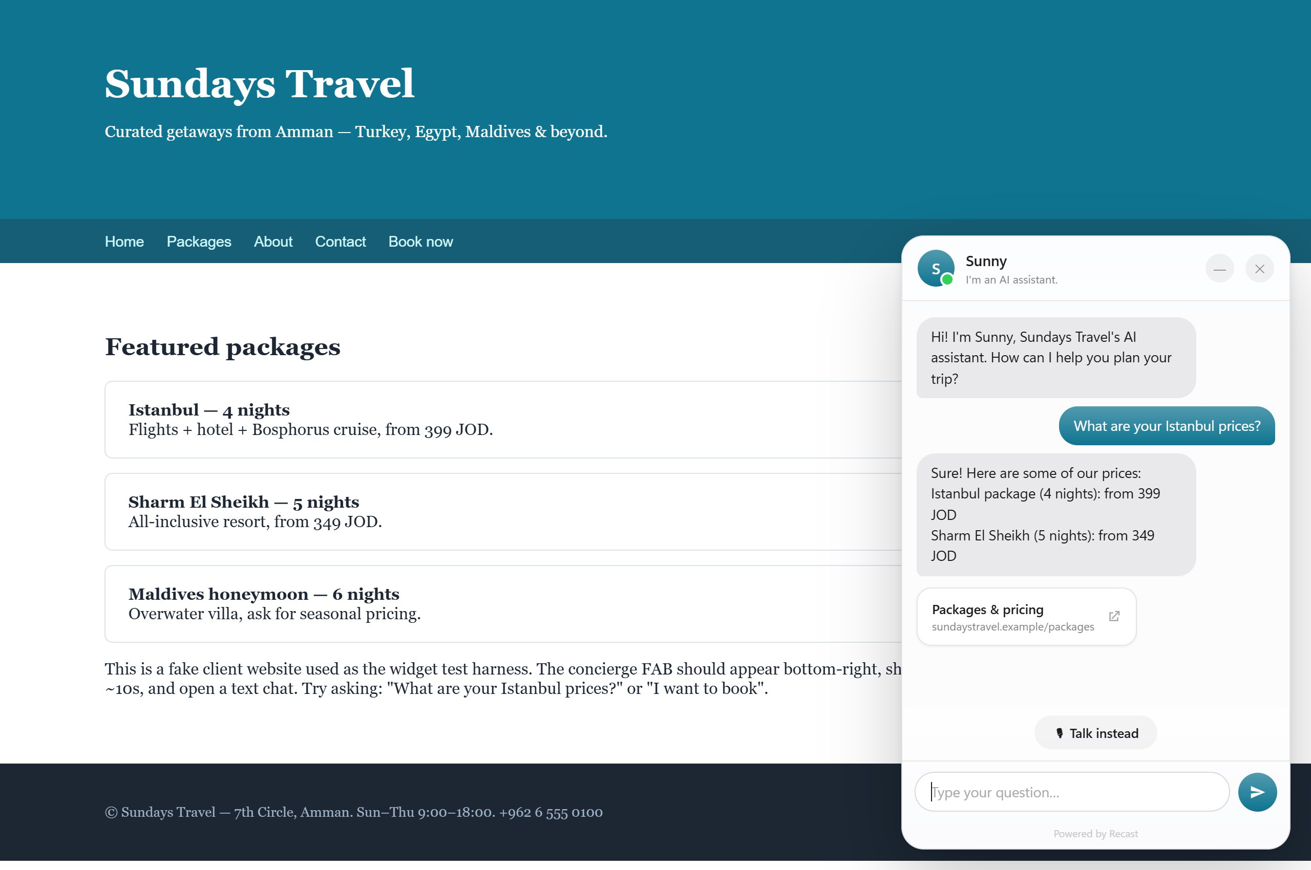 Concierge answering pricing questions with link cards on a travel website