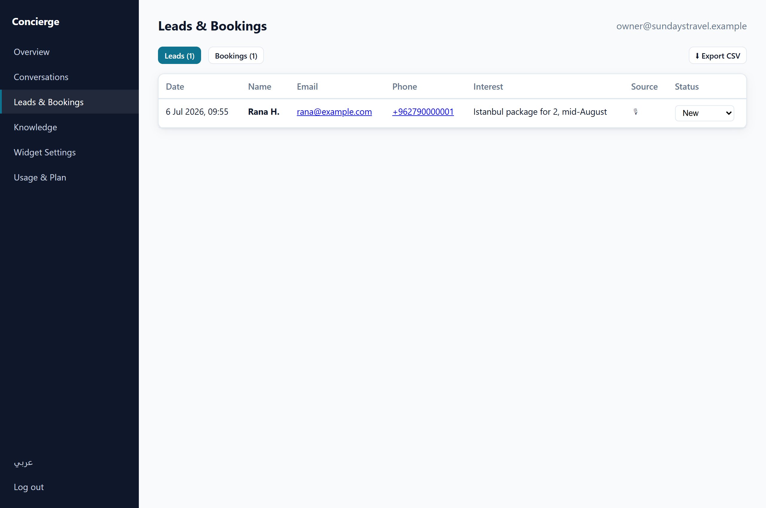 The client dashboard showing captured leads with WhatsApp links and status